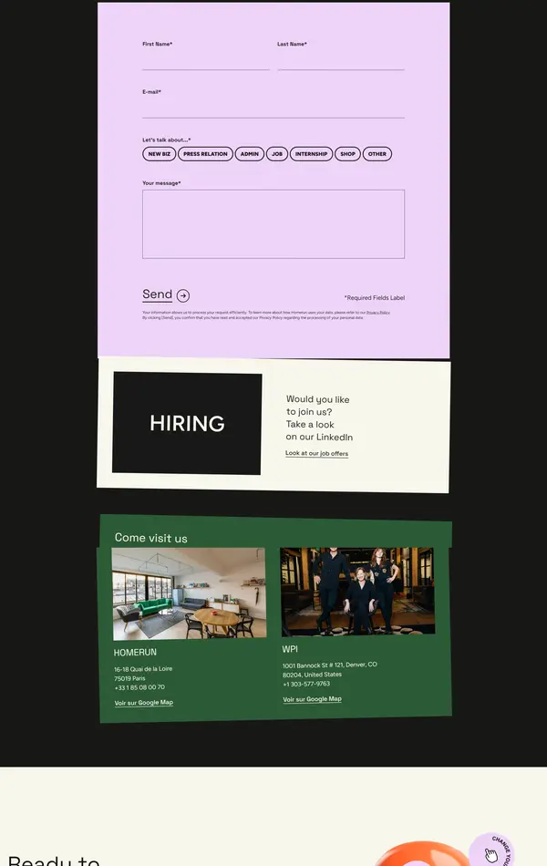 Контакты HOMERUN Creative Things, тематика — Агентство , цвета — Белый, Черный, стиль — Корпоративный, Минимализм, типографика — Без засечек