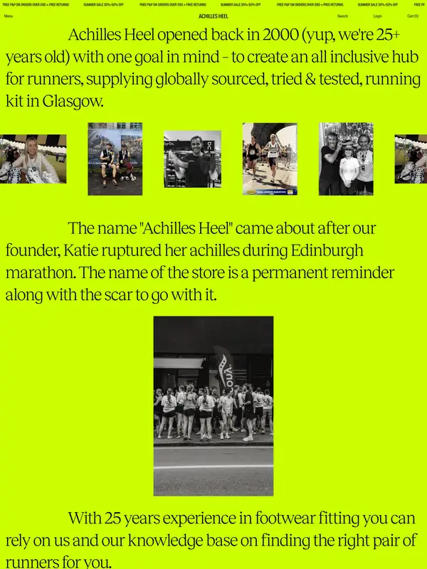 Страница о компании Achilles Heel, тематика — Интернет-магазин, цвета — Черный, Серый, Оранжевый, стиль — Брутализм, типографика — Без засечек