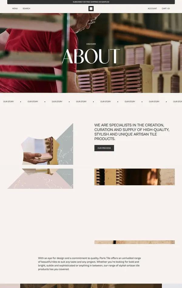 Страница о компании Paris Tile, тематика — Дизайн, цвета — Белый, Черный, Серый, Коричневый, стиль — Корпоративный, типографика — Без засечек