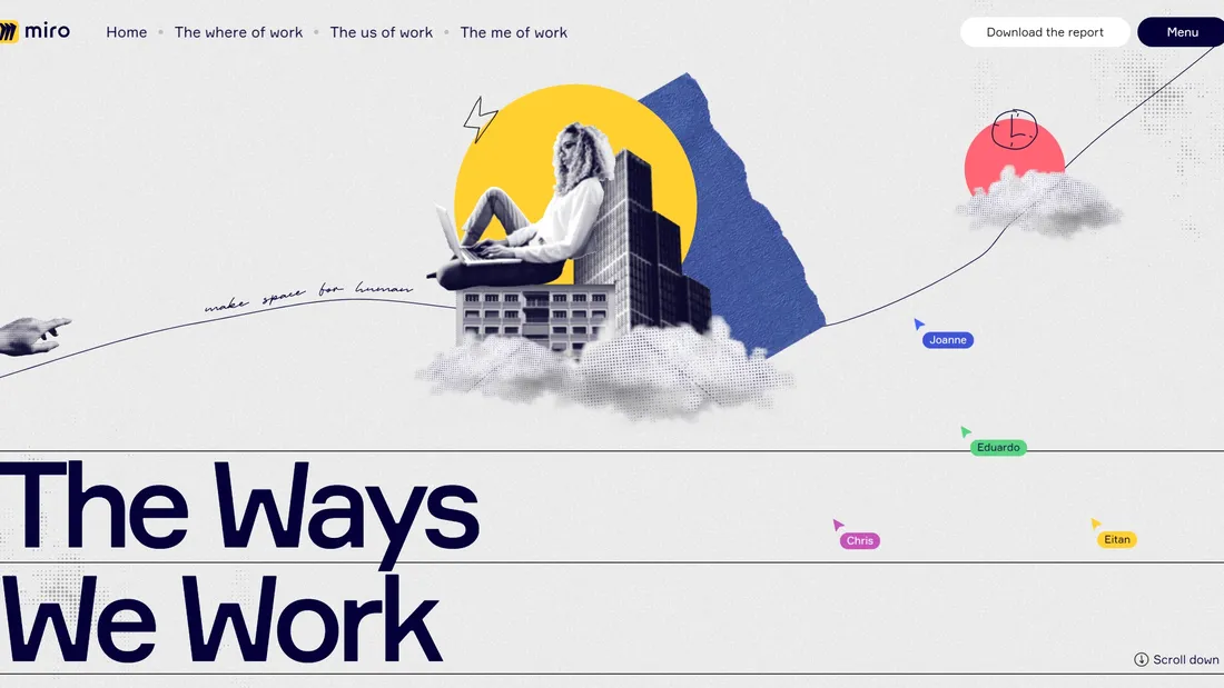 Секция «Первый экран» с сайта https://miro.com/ways-we-work/, тематика — IT и программное обеспечение, цвета — Белый, Серый, стиль — Рисованный, Минимализм, Типографика, типографика — Без засечек, Рукописные