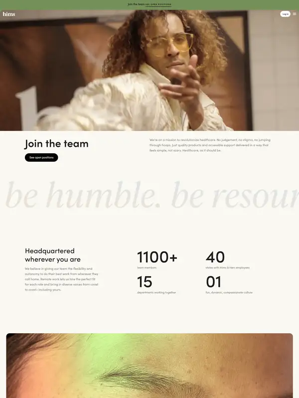 Страница карьеры Hims, тематика — Здоровье и фитнес, цвета — Белый, Серый, типографика — Без засечек, Декоративные