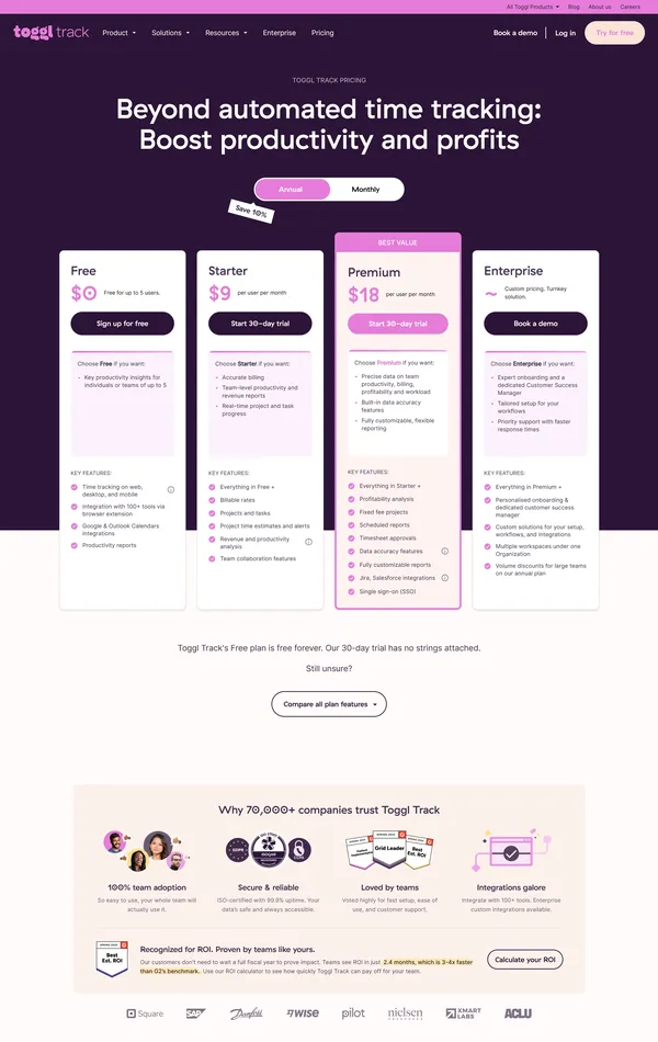 Продукт Toggl Track, тематика — IT и программное обеспечение, SaaS, цвета — Белый, Черный, стиль — Корпоративный, типографика — Без засечек