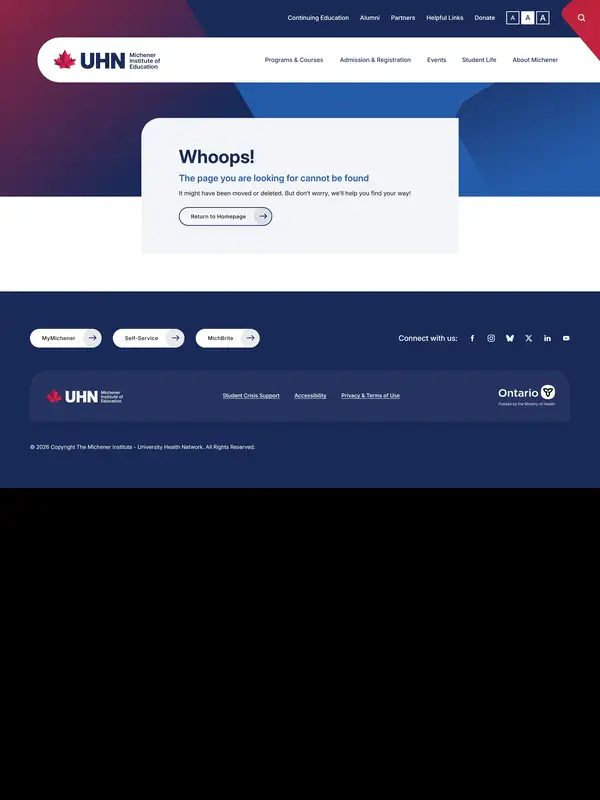 404-страница Michener Institute, тематика — Образование, цвета — Белый, Черный, стиль — Корпоративный, Минимализм, типографика — Без засечек