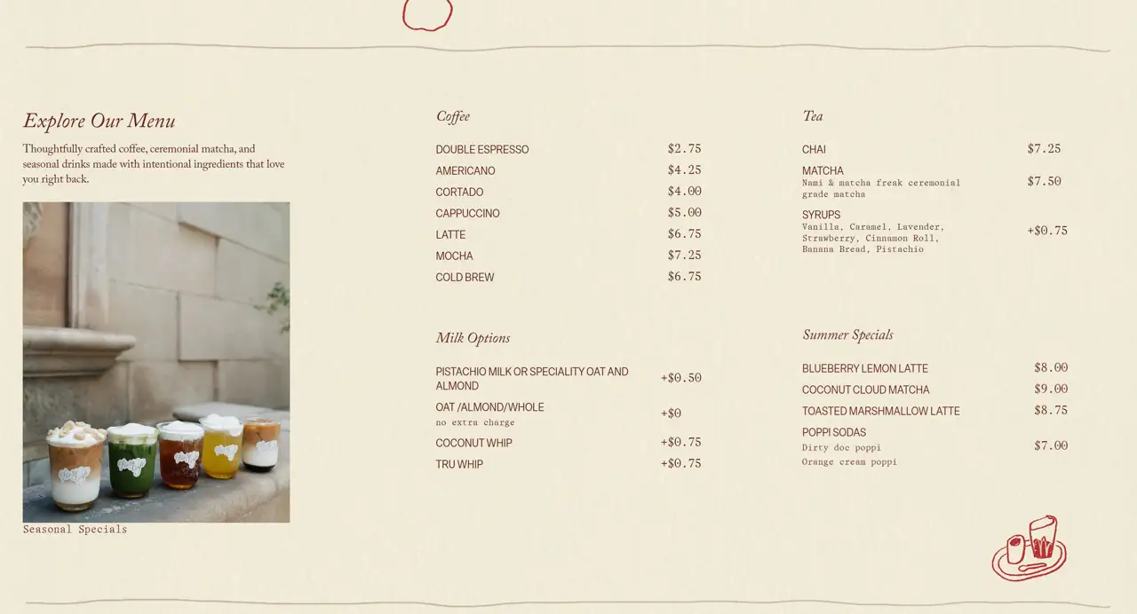 Секция «Цены» с сайта https://www.florawellnesscafe.com/, тематика — Еда и напитки, цвета — Белый, Серый, стиль — Минимализм, типографика — С засечками