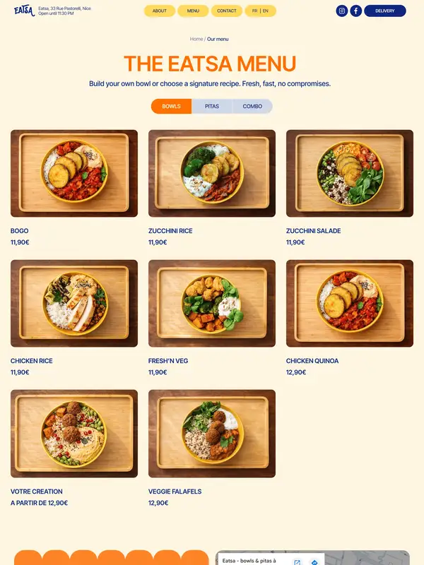 Каталог Eatsa, тематика — Еда и напитки, цвета — Белый, Серый, Желтый, стиль — Карточный, Минимализм, типографика — Без засечек, Декоративные