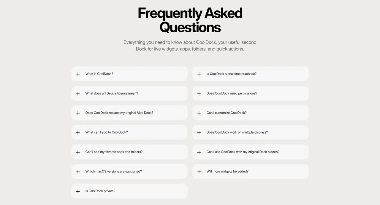 Секция «FAQ» с сайта https://www.dock.cool/, тематика — SaaS, цвета — Белый, стиль — Карточный, Минимализм, типографика — Без засечек
