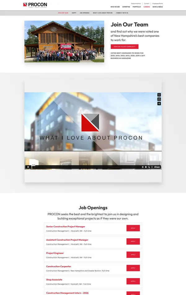 Страница карьеры Proconinc, тематика — Строительство, цвета — Белый, Серый, стиль — Корпоративный, типографика — Без засечек