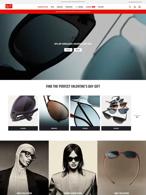 Главная Ray-Ban, тематика — Розничная торговля, цвета — Белый, Черный, Серый, стиль — Классический, Минимализм, типографика — Без засечек