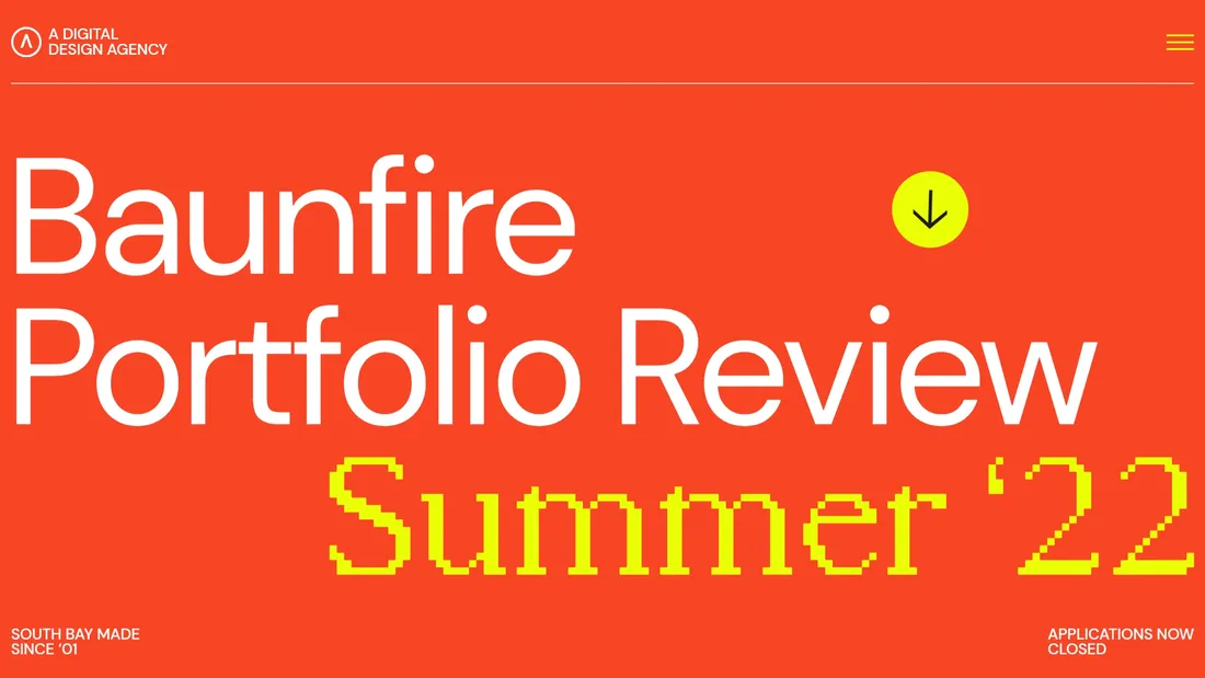 Секция «Первый экран» с сайта https://bpr.baunfire.com/2022/, тематика — Агентство , цвета — Красный, стиль — Типографика, Брутализм, типографика — Без засечек, Декоративные