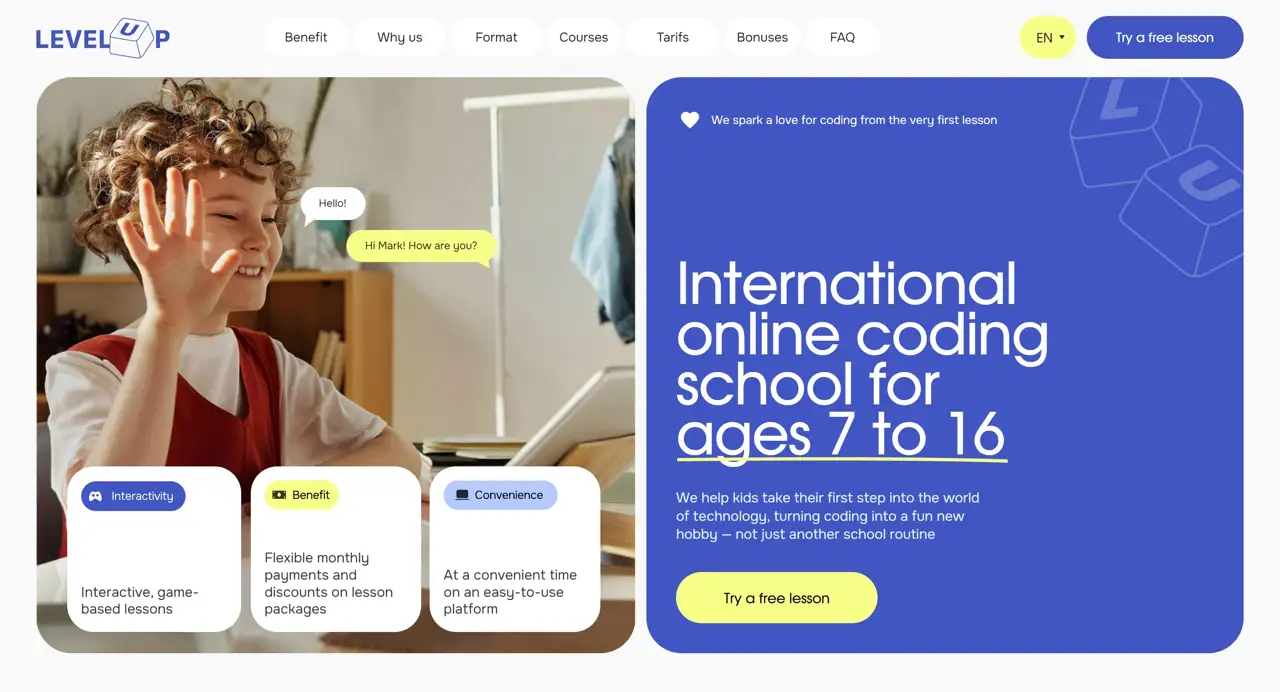 Секция «Первый экран» с сайта https://level-up-school.tilda.ws/, тематика — Образование, цвета — Белый, Серый, Синий, стиль — Плоский, Карточный, типографика — Без засечек, Декоративные