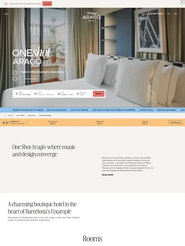 Лендинг One Shot Hotels, тематика — Размещение, цвета — Белый, Серый, стиль — Корпоративный, Минимализм, типографика — С засечками, Без засечек