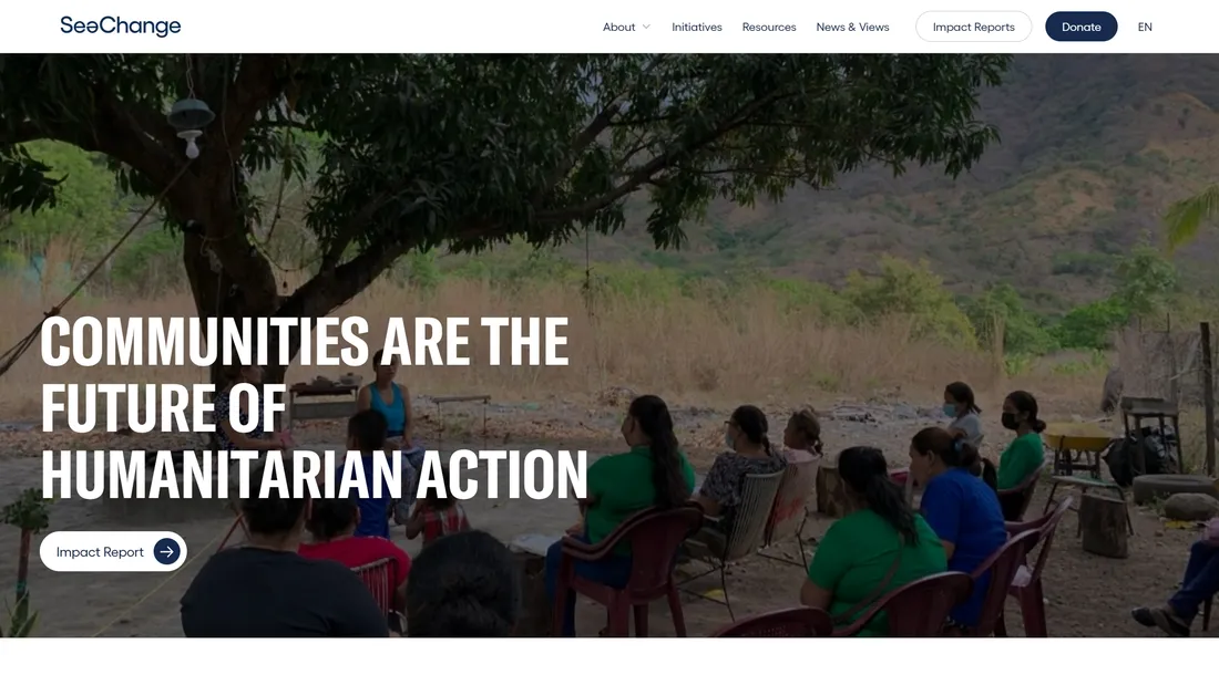 Секция «Первый экран» с сайта https://www.seechangeinitiative.org/, тематика — Некоммерческая деятельность, цвета — Белый, Черный, Серый, Коричневый, стиль — Корпоративный, Минимализм, типографика — Без засечек