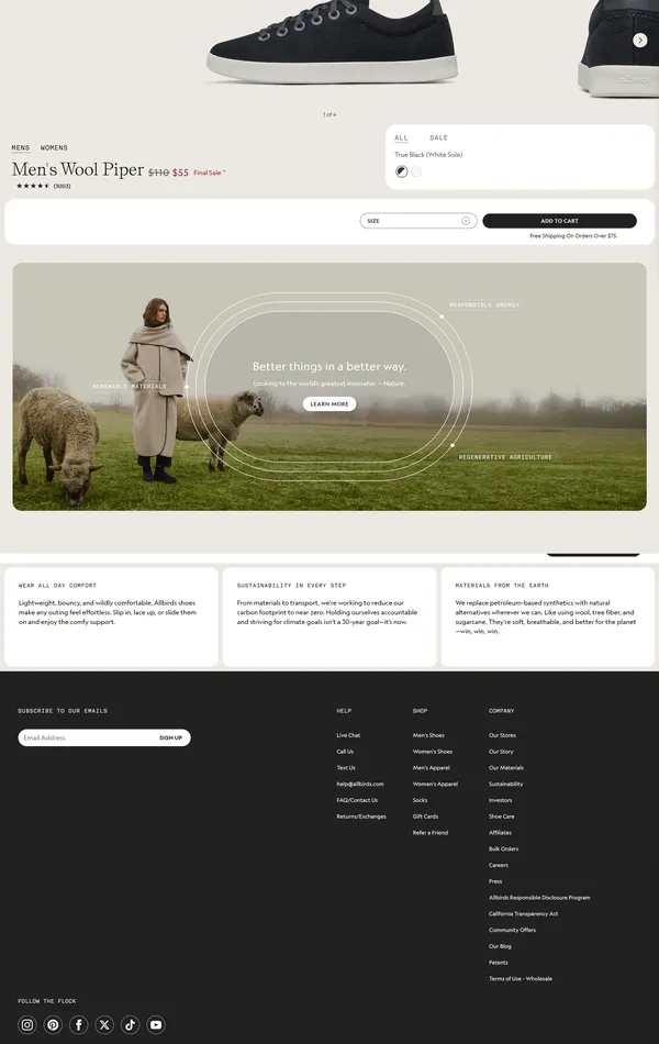 Секция «Товары» с сайта https://www.allbirds.com/, тематика — Интернет-магазин, цвета — Белый, Черный, Серый, стиль — Минимализм, типографика — Без засечек