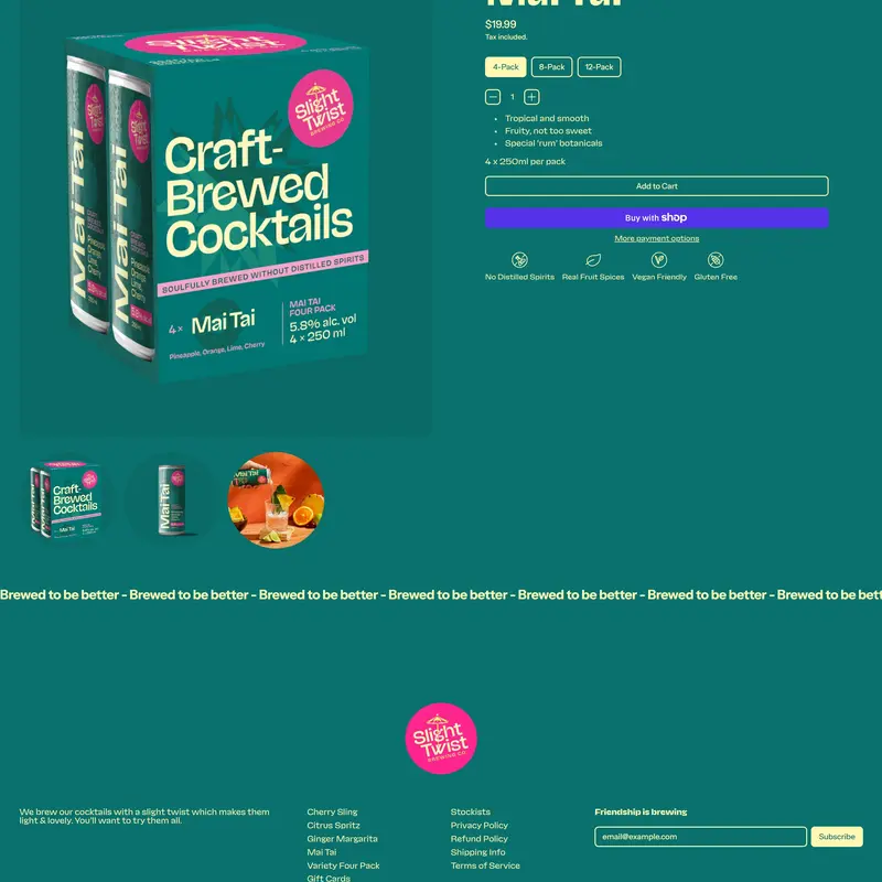 Секция «О продукте» с сайта https://www.slight-twist.co.nz/, тематика — Интернет-магазин, Еда и напитки, цвета — Зеленый, стиль — Корпоративный, типографика — Без засечек