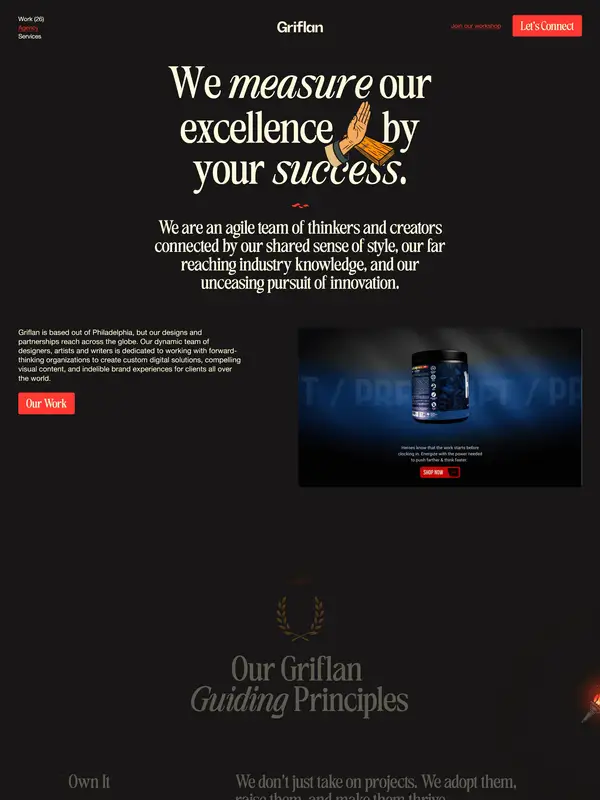 Страница о компании Griflan, тематика — Агентство , цвета — Черный, стиль — Классический, Корпоративный, типографика — С засечками, Декоративные