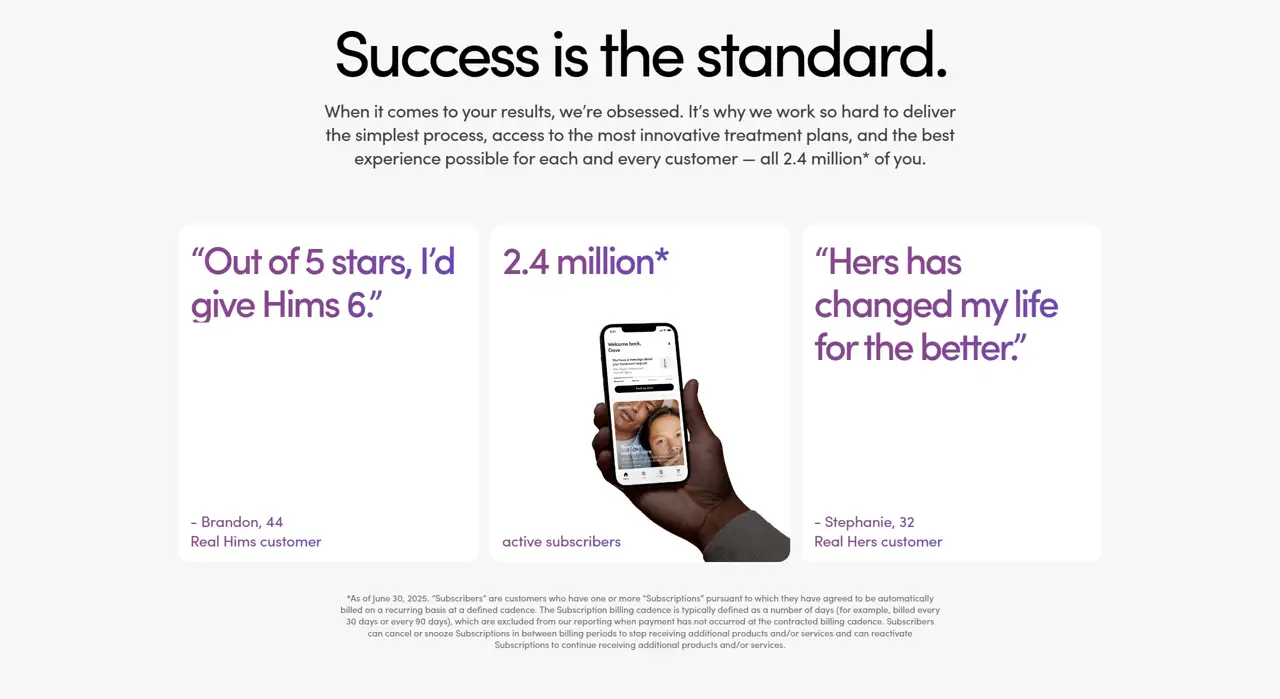 Секция «Отзывы» с сайта https://www.hims.com/, тематика — Здоровье и фитнес, цвета — Белый, Серый, стиль — Корпоративный, Минимализм, типографика — Без засечек