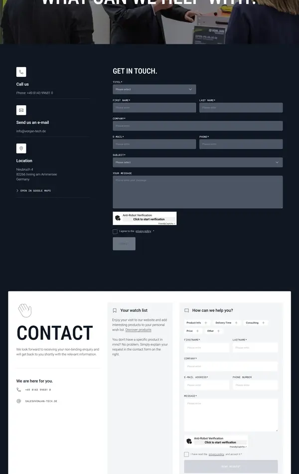 Контакты VONJAN, тематика — Производство, цвета — Белый, Черный, Серый, стиль — Корпоративный, типографика — Без засечек
