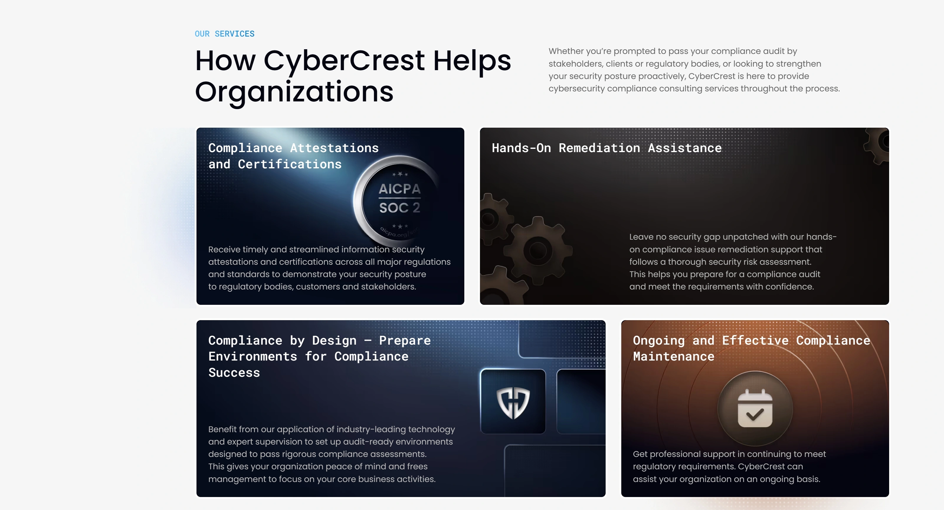 CyberCrest Секция «Услуги» с сайта https://www.cybercrestcompliance.com/, тематика — IT и программное обеспечение, цвета — Белый, Черный, Серый, стиль — Корпоративный, Карточный, типографика — Без засечек, Моноширинные