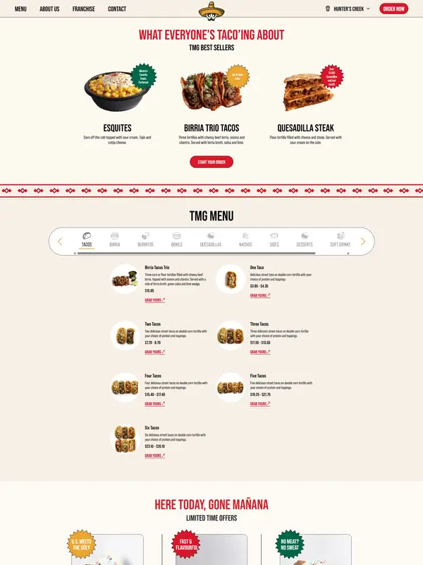 Каталог Tacos My Guey, тематика — Еда и напитки, цвета — Белый, стиль — Карточный, Минимализм, типографика — Без засечек, Декоративные