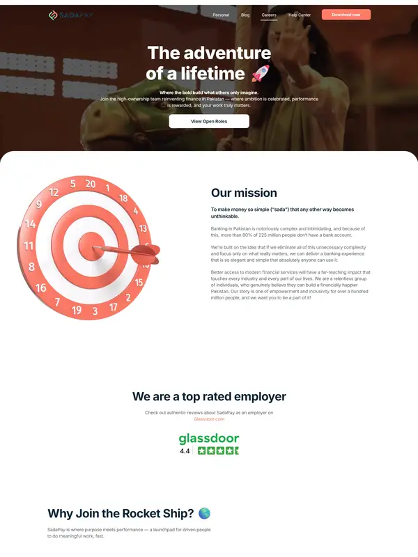 Страница карьеры SadaPay, тематика — Финансы, цвета — Белый, Черный, Серый, стиль — Корпоративный, Минимализм, типографика — Без засечек, Декоративные