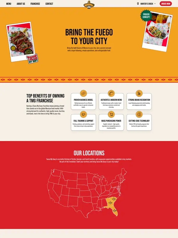 Лендинг Tacos My Guey, тематика — Еда и напитки, цвета — Белый, Оранжевый, Красный, стиль — Корпоративный, Карточный, типографика — Без засечек, Декоративные