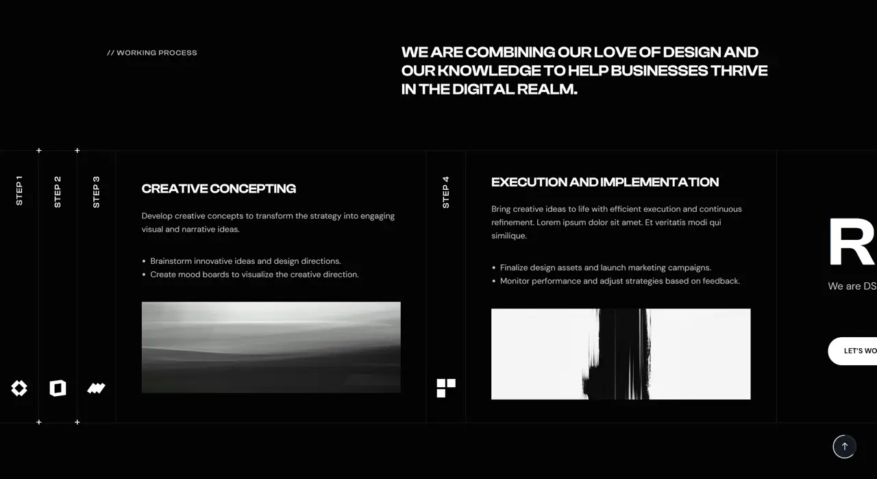 Секция «Этапы» с сайта https://dsgngroup.it/, тематика — Дизайн, цвета — Черный, стиль — Корпоративный, Минимализм, типографика — Без засечек, Декоративные