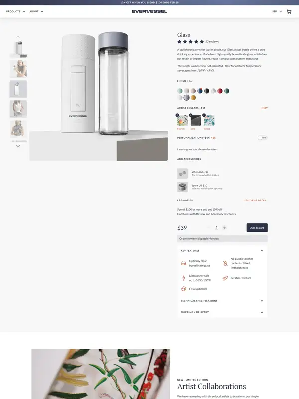 Продукт Ever Vessel, тематика — Интернет-магазин, цвета — Белый, Серый, стиль — Минимализм, типографика — Без засечек