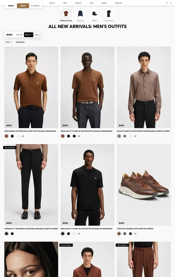 Каталог HUGO BOSS, тематика — Интернет-магазин, цвета — Белый, Черный, Серый, стиль — Корпоративный, типографика — Без засечек