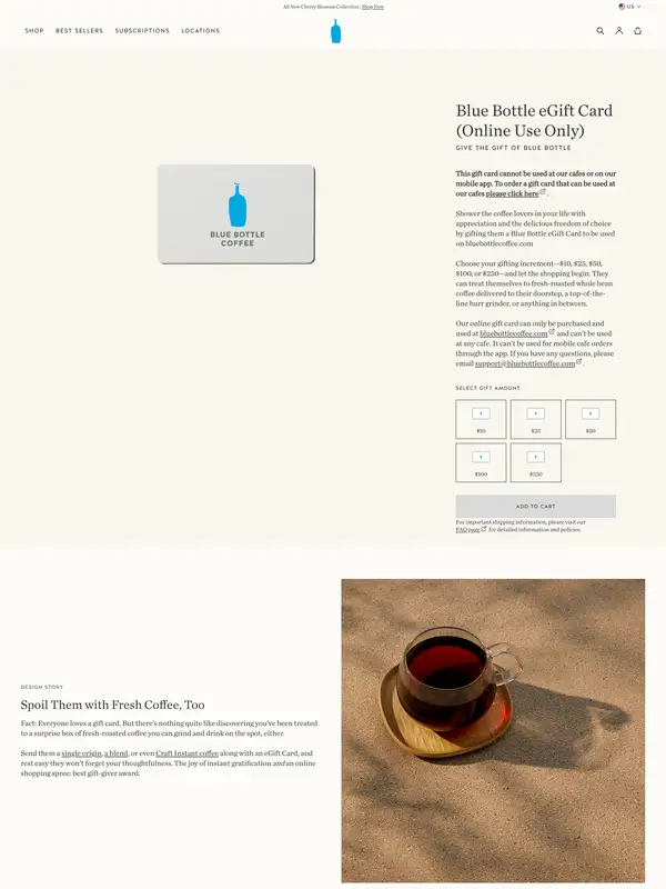 Продукт Blue Bottle Coffee, тематика — Еда и напитки, цвета — Белый, Черный, Серый, стиль — Минимализм, типографика — Без засечек