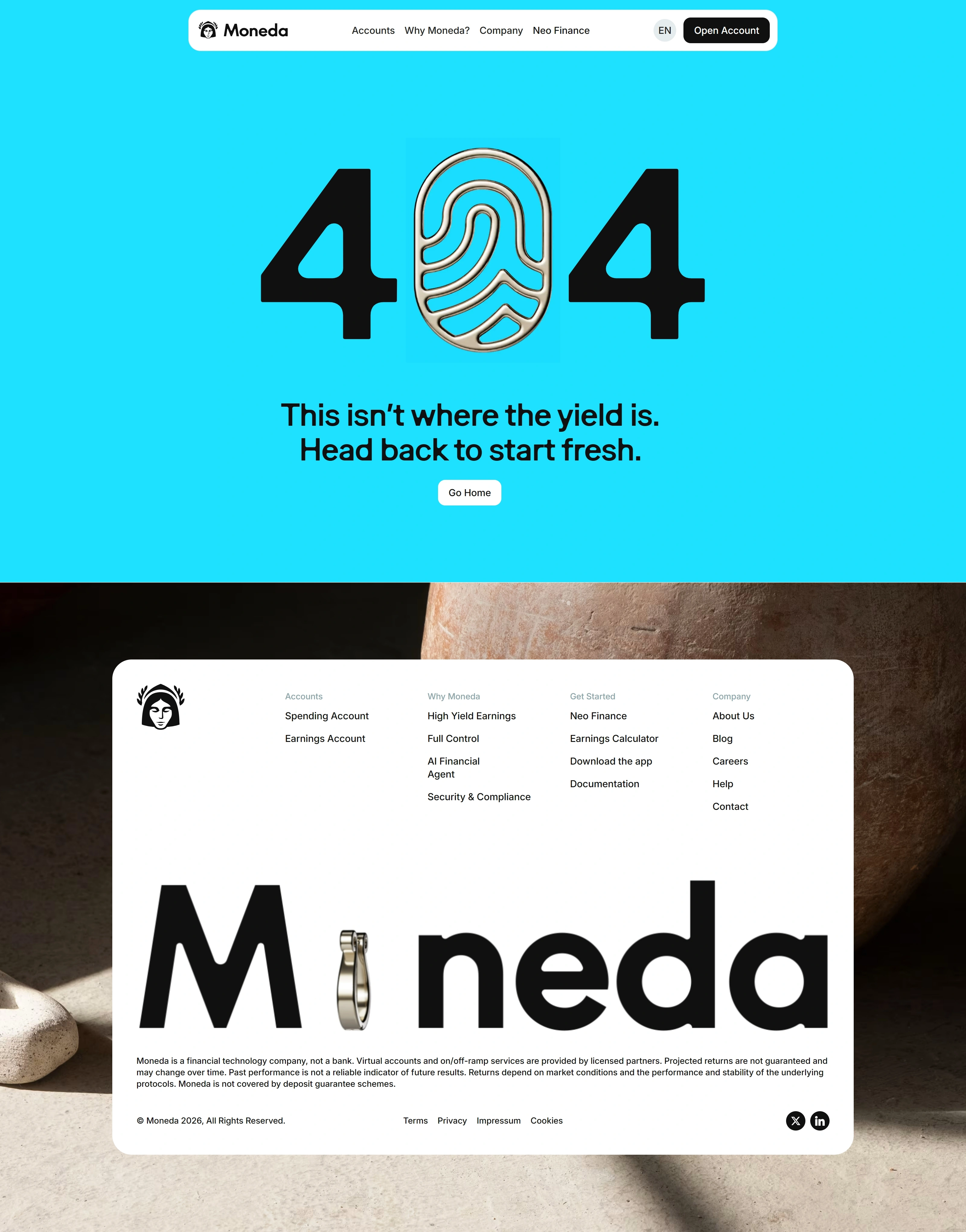 Moneda 404-страница Moneda, тематика — Финансы, цвета — Белый, Черный, Синий, стиль — Корпоративный, Минимализм, типографика — Без засечек, Декоративные