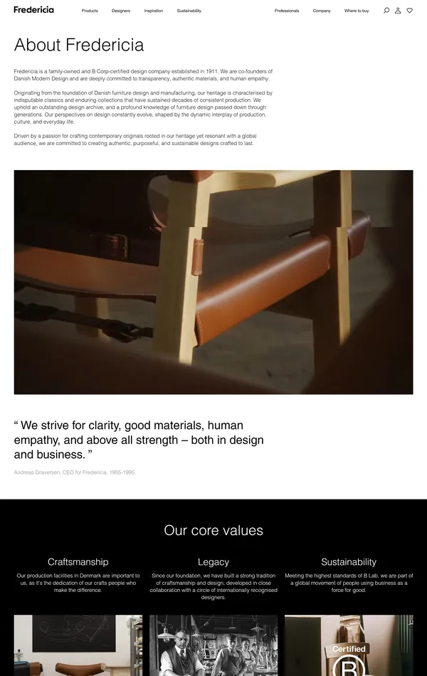 Страница о компании Fredericia, тематика — Дизайн, цвета — Белый, Черный, Серый, стиль — Корпоративный, Минимализм, типографика — Без засечек