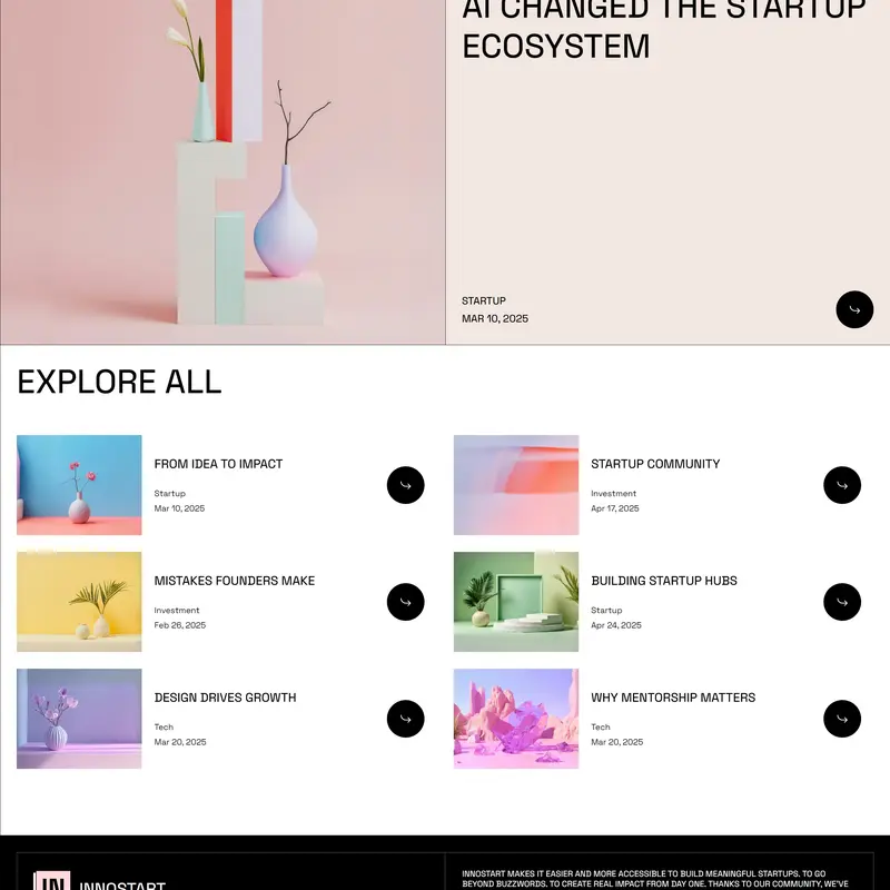 Секция «Блог» с сайта https://innostart.framer.website/, тематика — Блог, цвета — Белый, Черный, стиль — Минимализм, типографика — Без засечек