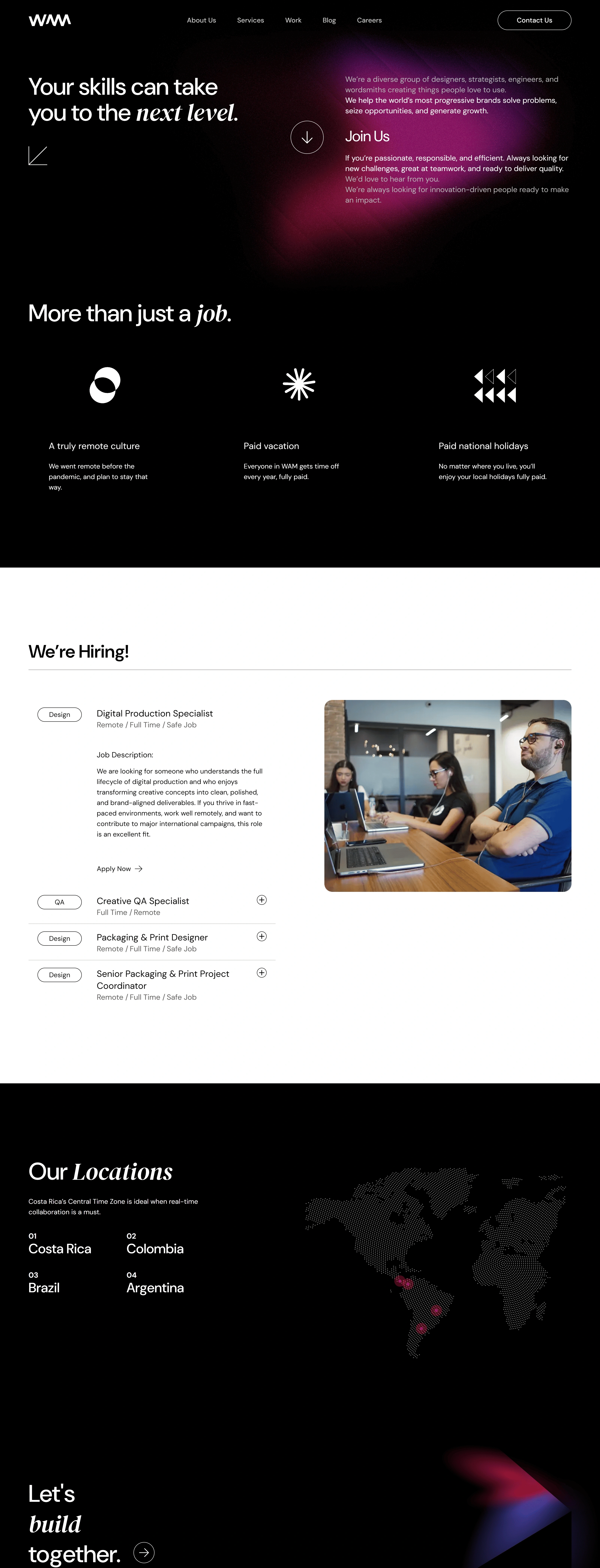 WAM Digital Страница карьеры WAM Digital, тематика — Агентство , цвета — Черный, стиль — Корпоративный, Минимализм, типографика — Без засечек