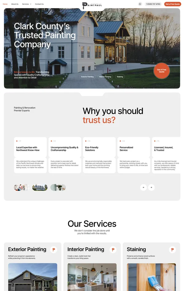 Главная PaintPaul, тематика — Строительство, цвета — Белый, Серый, Оранжевый, стиль — Корпоративный, типографика — Без засечек