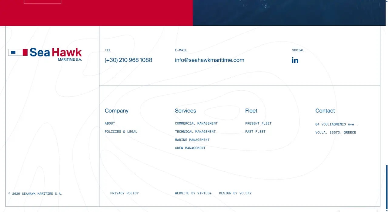 Секция «Футер» с сайта https://seahawkmaritime.com/, тематика — Логистика, цвета — Белый, Черный, Красный, стиль — Корпоративный, Минимализм, типографика — Без засечек, Моноширинные