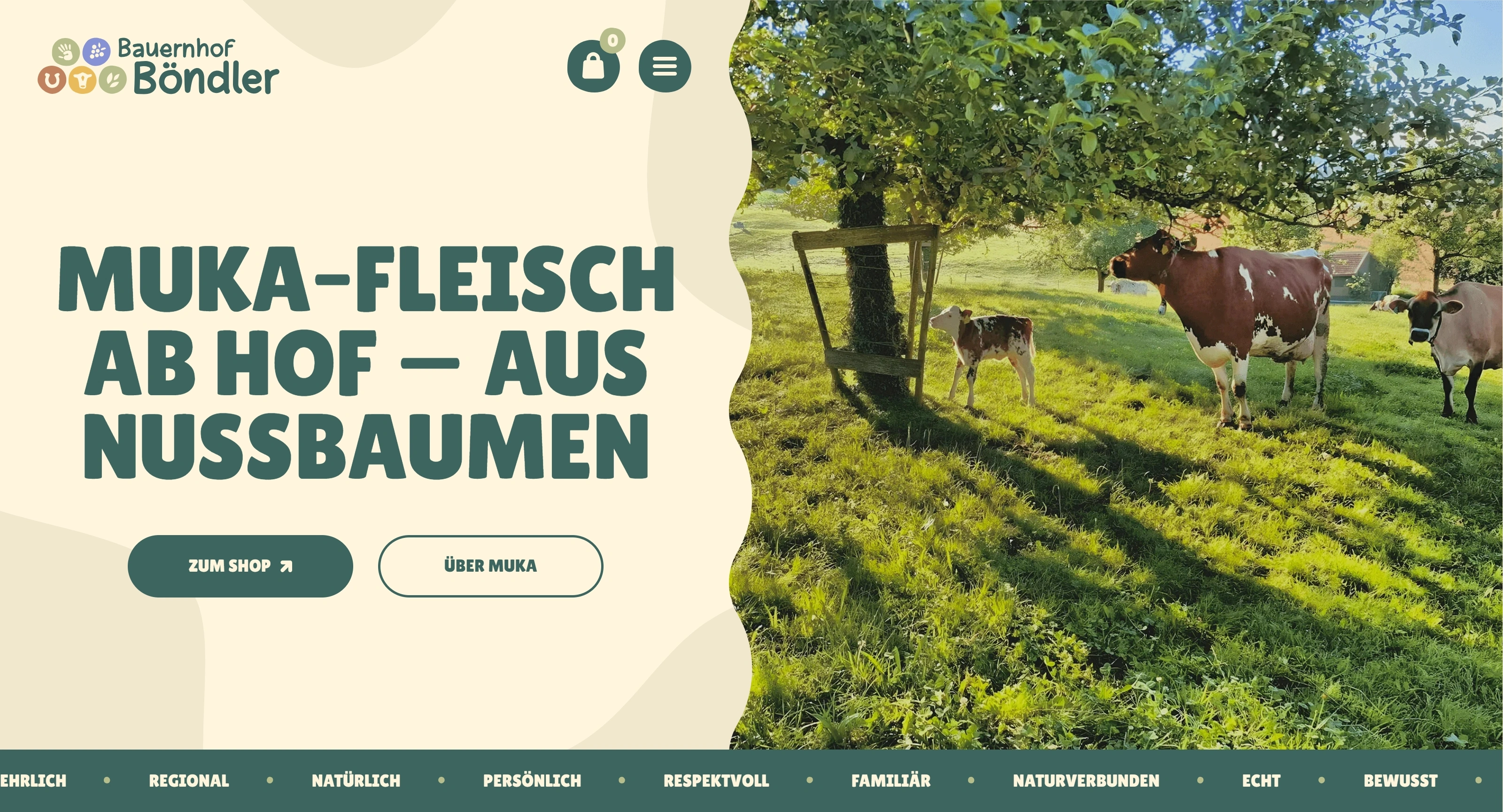 Bauernhof Böndler Секция «Первый экран» с сайта https://bauernhof-boendler.ch/, тематика — Сельское хозяйство, цвета — Белый, Серый, Коричневый, стиль — Органический и природный, типографика — Без засечек, Декоративные