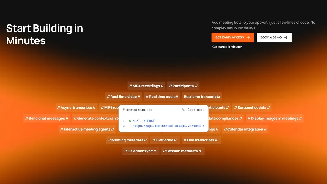 Секция «Первый экран» с сайта https://meetstream.ai/, тематика — IT и программное обеспечение, цвета — Черный, Оранжевый, Коричневый, стиль — Корпоративный, типографика — Без засечек