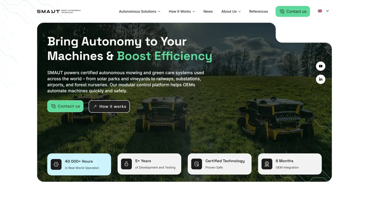 Секция «Первый экран» с сайта https://smaut.tech/, тематика — IT и программное обеспечение, цвета — Белый, Черный, Серый, стиль — Корпоративный, Минимализм, типографика — Без засечек