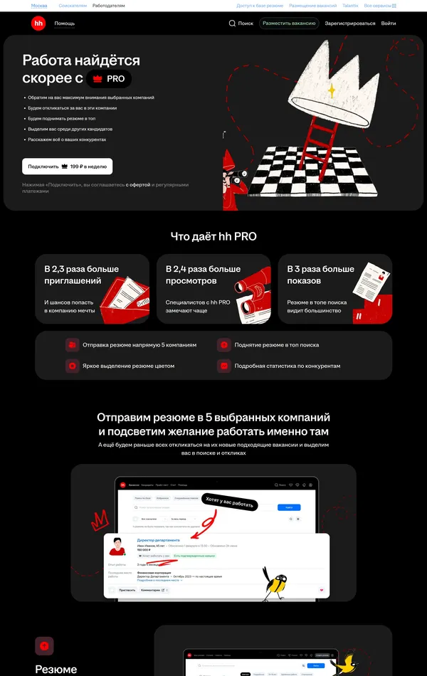 Лендинг hh.ru, тематика — HR, цвета — Белый, Черный, стиль — Рисованный, Минимализм, типографика — Без засечек