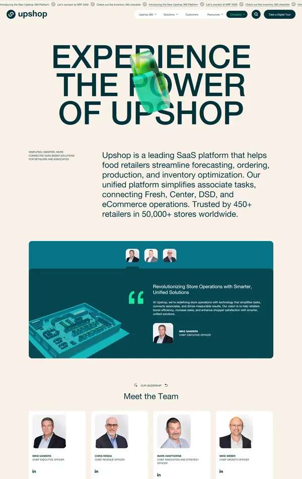 Страница о компании Upshop, тематика — SaaS, цвета — Белый, стиль — Корпоративный, типографика — Без засечек