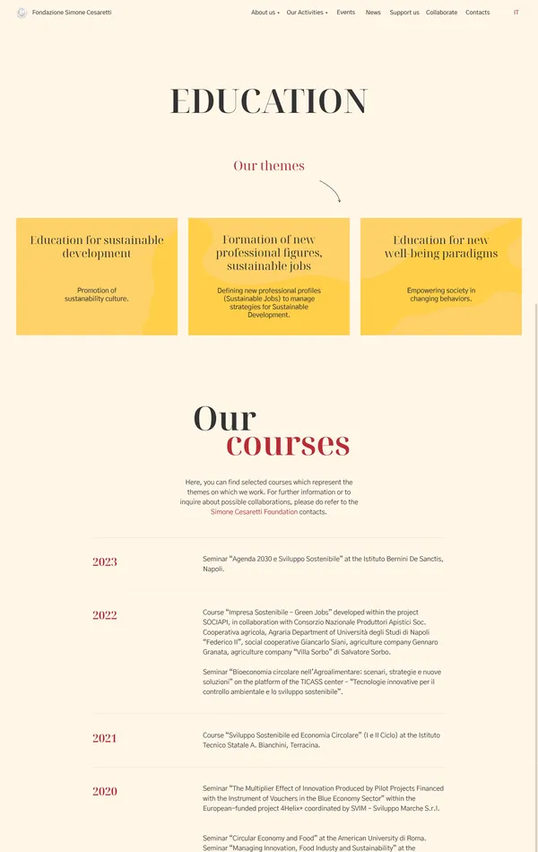База знаний Fondazione Simone Cesaretti, тематика — Образование, Некоммерческая деятельность, цвета — Белый, Желтый, стиль — Классический, Корпоративный, типографика — С засечками, Без засечек