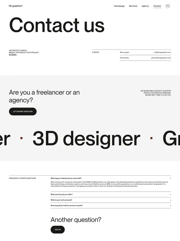 Контакты No graphism, тематика — Агентство , цвета — Белый, Серый, Коричневый, стиль — Минимализм, типографика — Без засечек