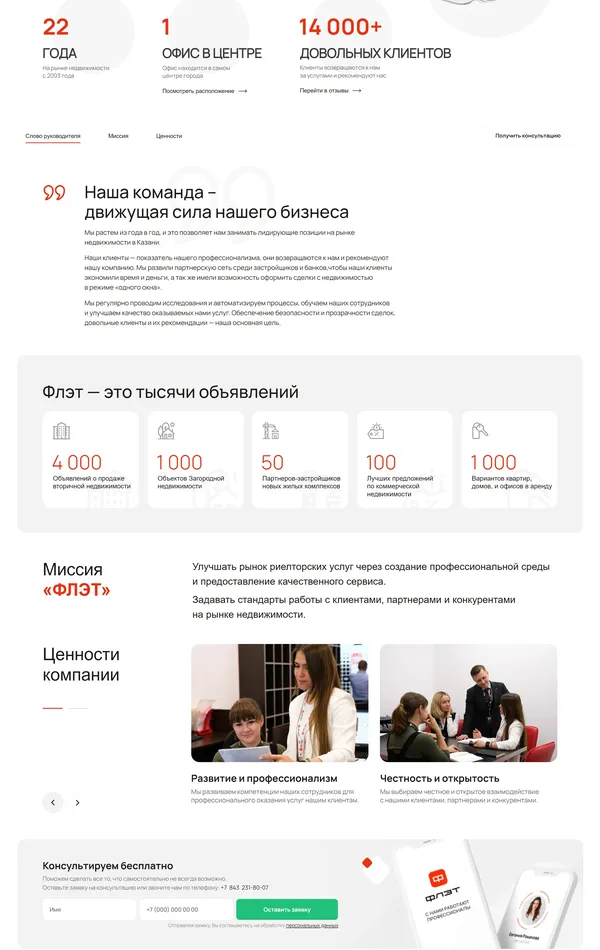 Страница о компании ФЛЭТ, тематика — Недвижимость, цвета — Белый, стиль — Корпоративный, Минимализм, типографика — Без засечек