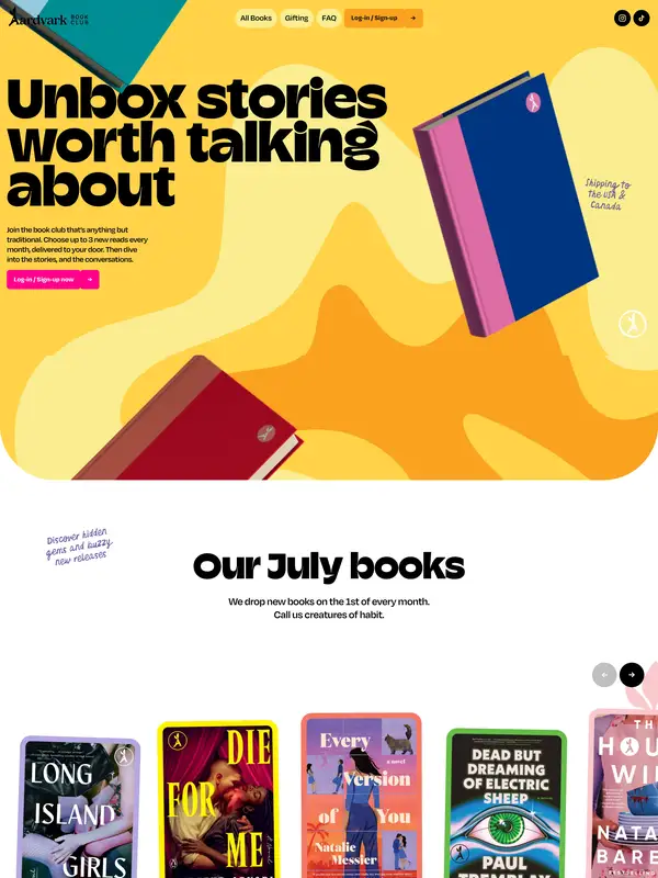 Лендинг Aardvark Book Club, тематика — Интернет-магазин, цвета — Белый, Серый, Желтый, стиль — Фестивальный, Брутализм, типографика — Без засечек, Декоративные