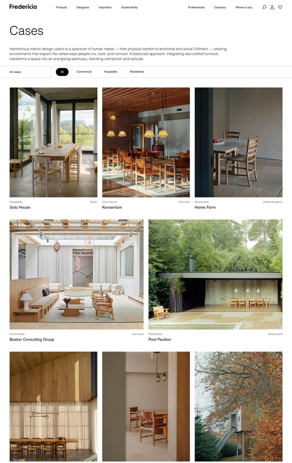 Портфолио Fredericia, тематика — Дизайн, цвета — Белый, Серый, Коричневый, стиль — Минимализм, типографика — Без засечек