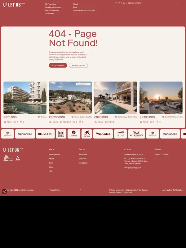 404-страница Let Us Ibiza, тематика — Мероприятия, цвета — Белый, Серый, Красный, стиль — Корпоративный, Карточный, Минимализм, типографика — Без засечек