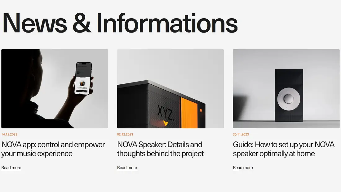 Секция «Новости» с сайта https://nova-speaker.webflow.io/, тематика — Музыка, цвета — Белый, Серый, стиль — Минимализм, типографика — Без засечек