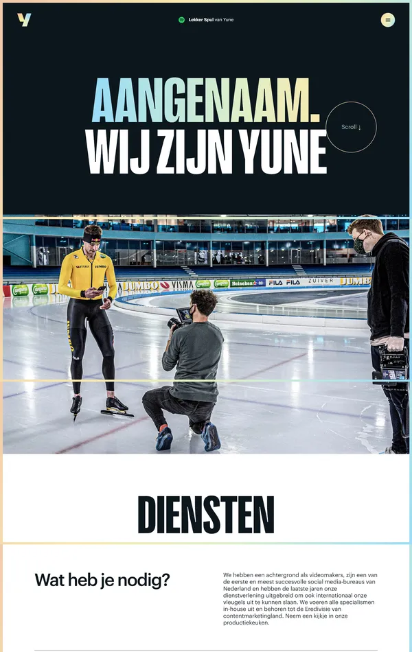 Страница о компании Yune, тематика — Маркетинг, цвета — Белый, Черный, Серый, стиль — Корпоративный, типографика — Без засечек