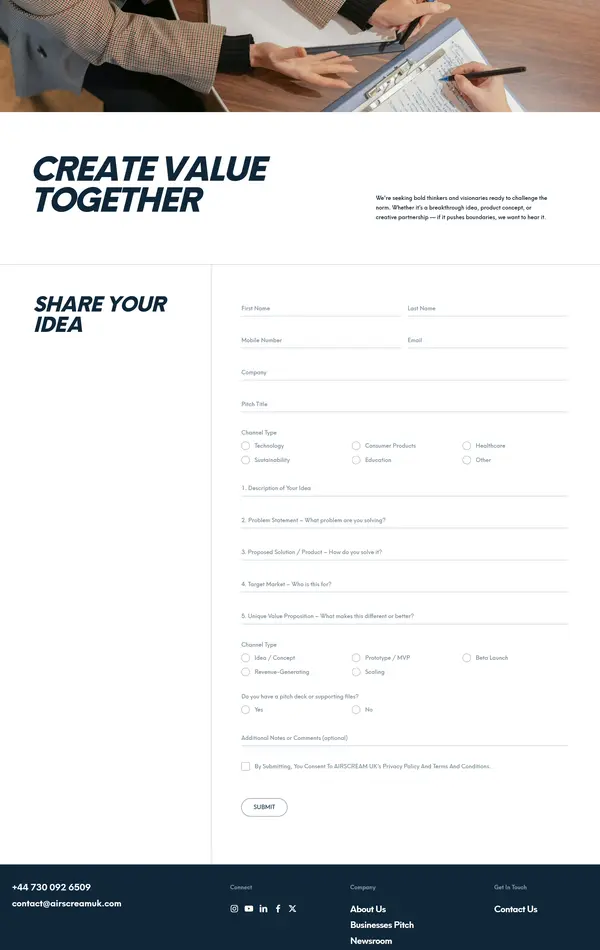 Контакты AIRSCREAM, тематика — Бизнес и профессиональные услуги, цвета — Белый, Черный, Серый, стиль — Корпоративный, Минимализм, типографика — Без засечек