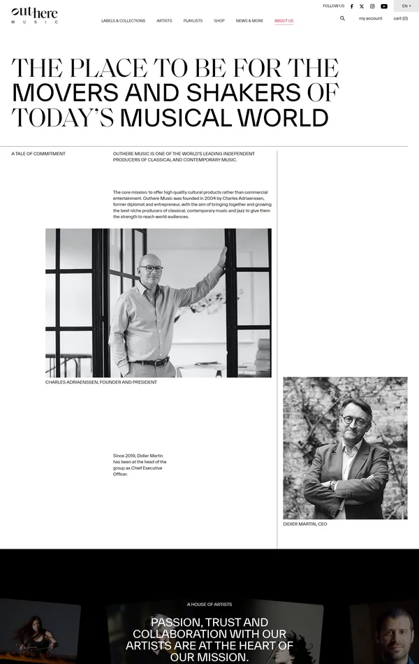 Страница о компании Outhere Music, тематика — Музыка, цвета — Белый, Черный, Серый, Красный, стиль — Корпоративный, типографика — Без засечек